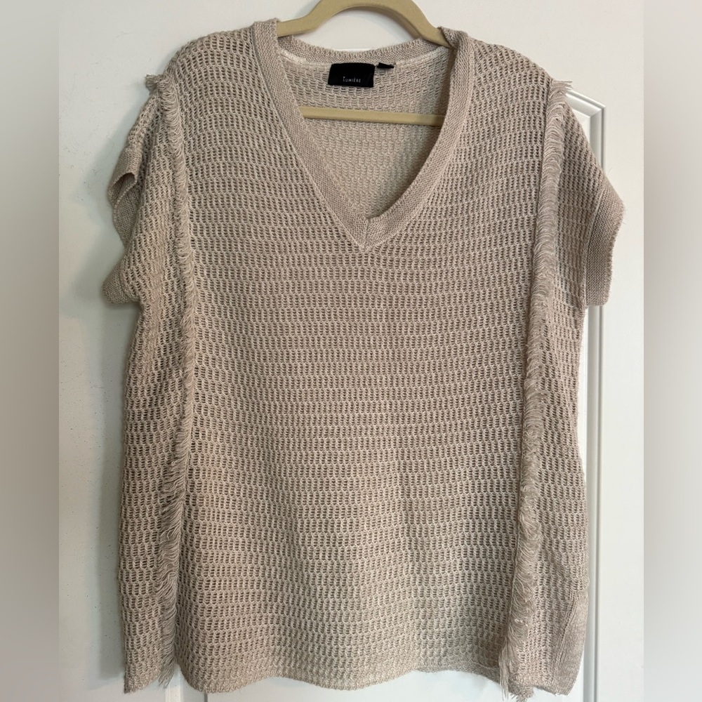 Lumiere Beige Short Sleeve Knit V-Neck Top with Fringe